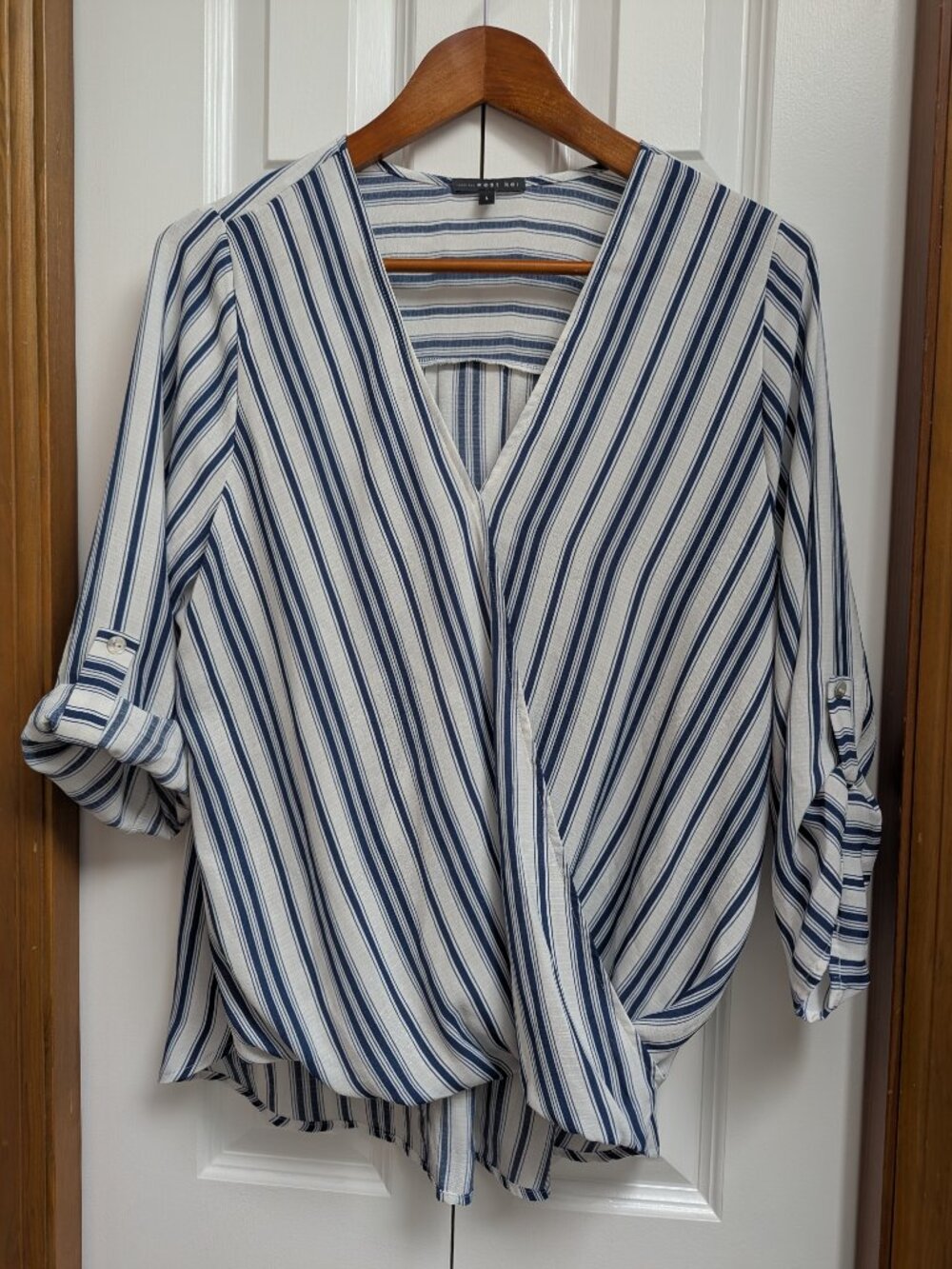 West Kei Blue & White Striped Wrap Top - Roll Tab Sleeves - Large